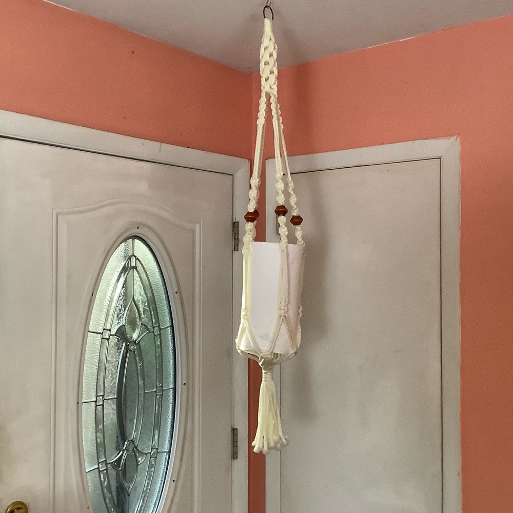 Vintage Light Yellow Macrame Plant Hanger 40” Long -Soft Like Yarn - Wood Beads